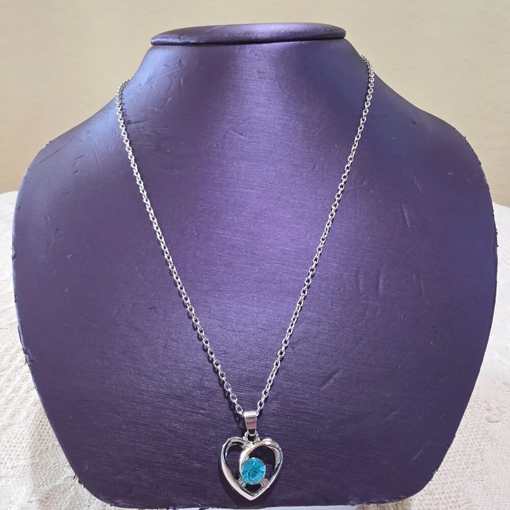Silver-tone Light Blue Solitaire Stone Open Heart Pendant Silver Chain Necklace